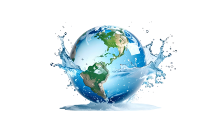 A globe with visible continents, surrounded by a splash of blue water, on a black background