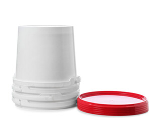 Obraz premium Open plastic paint bucket on white background