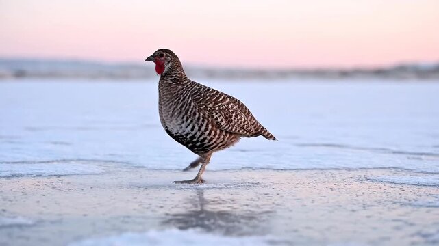 A solitary partridge stands on a frozen lake at dawn reflecting the soft morning light