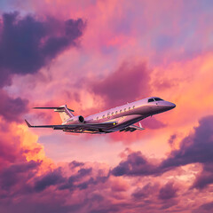 Obraz premium Luxury Private Jet Aircraft Flying Through Dramatic Pink and Purple Sunset Clouds Aviation Travel Concept
