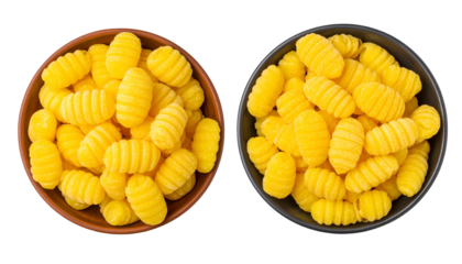 Two bowls, one brown and one black, filled with yellow, ridged food