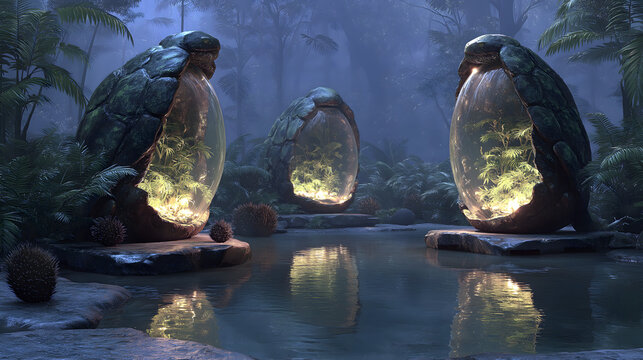 Source of Life &middot; Divine Turtles Nurturing Eggs - Chinese Dong Ethnic Creation Myth: Jade Turtles Nurturing Glowing Eggs with Ancestor Silhouettes