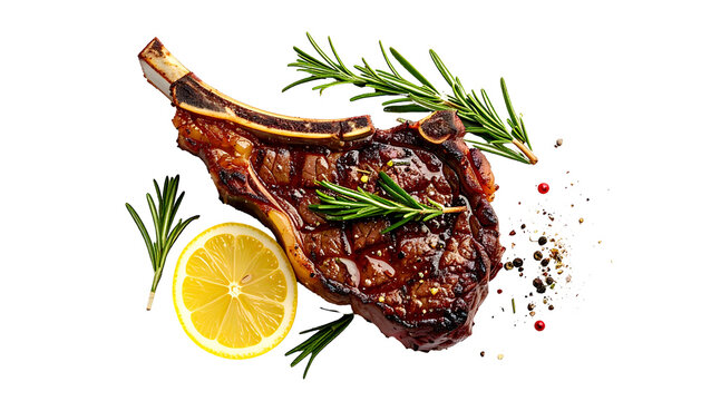 Close-up of a grilled ribeye steak with herbs, lemon, and peppercorns