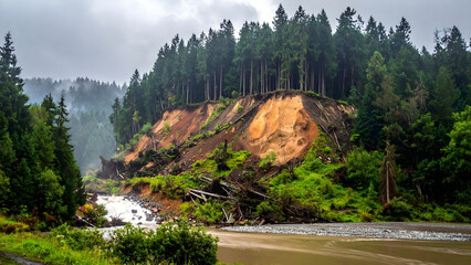 Dramatic scene of a massive landslide along a forested riverbank, revealing exposed earth and uprooted trees after a significant natural geological event