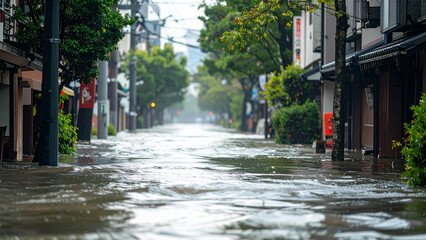 Street flooded with water after heavy rainfall, an urban disaster scene