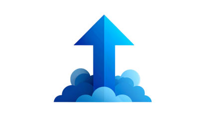 A blue upward arrow erupting from cloud-like vapor, symbolising growth, progress