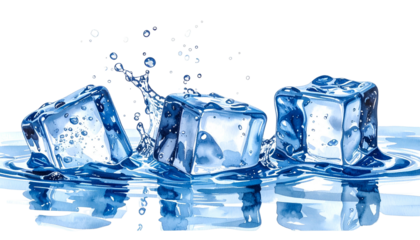 Transparent ice cubes splash water, reflecting on a smooth surface, against a dark background