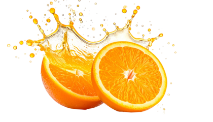 Two halved oranges with juice splash and droplets on a transparent background