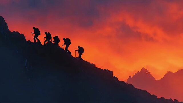 Group of hikers at sunset mountain. Young people on mountain hike at sunrise. They holding hands and helping each other.
