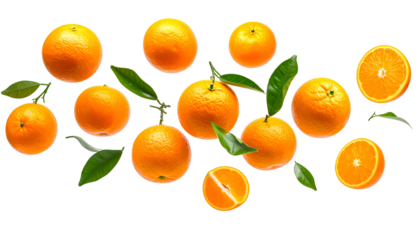 Group of oranges, some cut, with green leaves, arranged on a black background