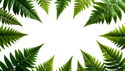 A frame of lush green fern fronds surrounds a black void, creating a natural border