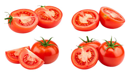 A collage of ripe red tomatoes, halved, sliced, and whole against a black background