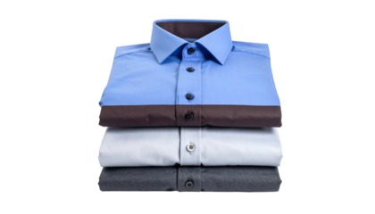 Stack of four folded shirts, each a different color, against a black background