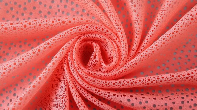 Coral perforated fabric swirl; textile texture background