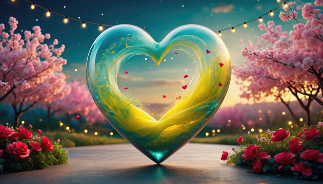 Walentynkowe serce w kolorach ż&oacute;łtego i zielonego jako symbol miłości oraz dnia zakochanych.