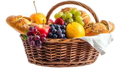 A woven basket overflows with bread, fruits, and a napkin, centered on a white background