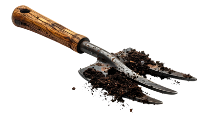 A weathered hand trowel with a wooden handle rests atop dark, fertile soil