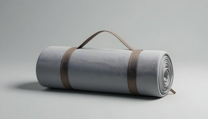 Rolled up yoga mat with brown straps on gray background