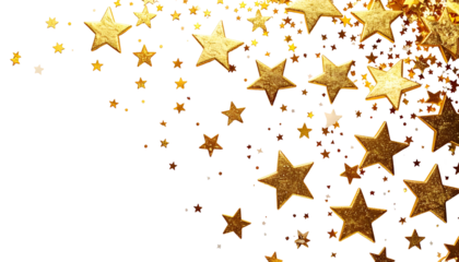 Golden stars sparkle and cascade against a black backdrop, creating a festive effect