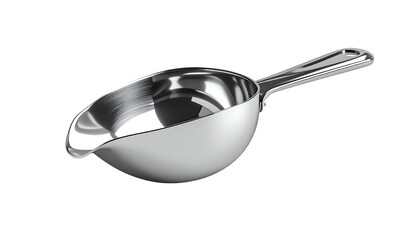Shiny, curved stainless steel ladle with a pouring spout and a handle
