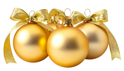 Three golden ornaments, each with a gold ribbon, against a blurred black background