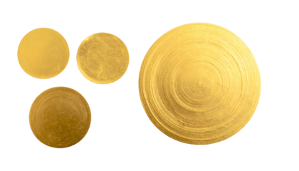 Close-up of four golden disks on black background, varying textures and sizes