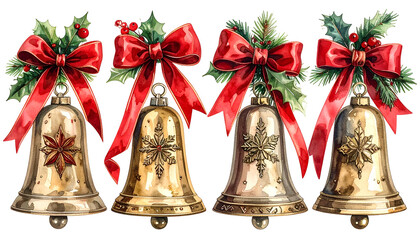 Watercolor Christmas bells in gold with red bows and holly leaves