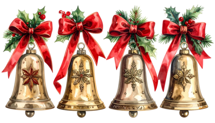 Watercolor Christmas bells in gold with red bows and holly leaves