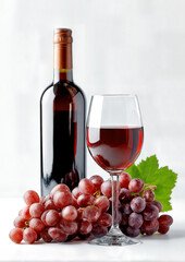 A crystal glass filled with rich red wine sits next to a full bottle, showcasing clusters of plump grapes and fresh green leaves on a clean, bright surface.