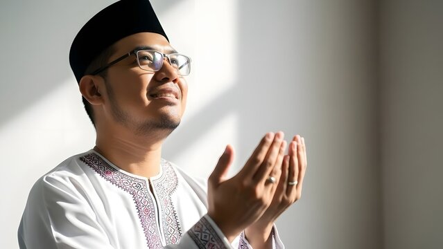 Muslim Man Praying With Hands Raised In Gratitude