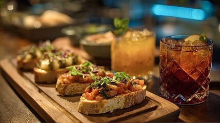 Appetizers and cocktails arranged on a bar counter, showcasing a selection of bruschetta served on a wooden board alongside two vibrant drinks, perfect for an aperitif or casual dining experience