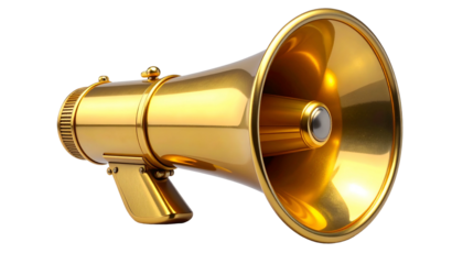 Gleaming golden megaphone isolated on black. Reflective and detailed, angled view