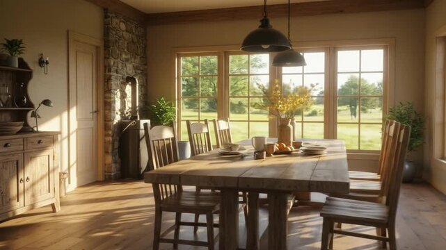 Warmly lit dining room with a wooden table and chairs, set against a backdrop of large windows overlooking a green field. Perfect for home decor, interior design, and lifestyle