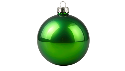 A glossy, emerald green Christmas bauble, isolated on a stark black background