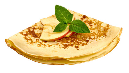 Stacked, golden pancakes adorned with sliced apple and sprigs of fresh mint, on black
