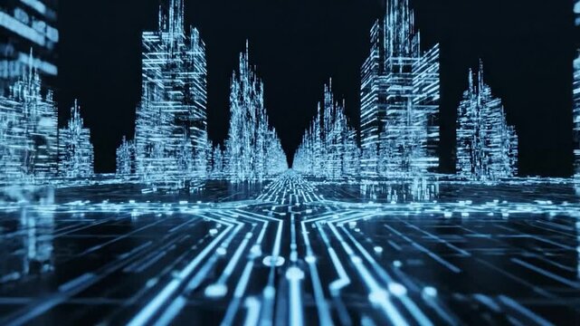 Futuristic cityscape rendered in blue, with circuit board streets and crystalline structures