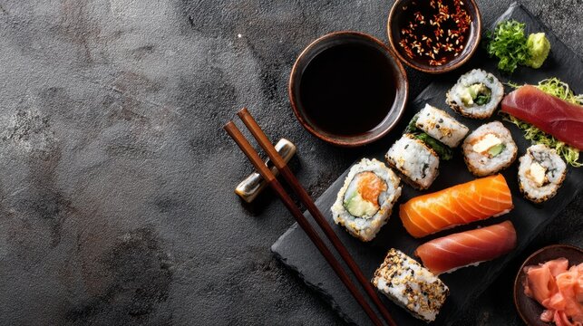 A delicious assortment of sushi, including nigiri and maki rolls, elegantly arranged on a slate board. Accompanied by chopsticks and small bowls of soy sauce, this image captures the essence of Japane