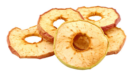 Close-up of sliced, dried fruit rings with a mix of skin colors, stacked on a black background