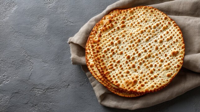 High-angle view of traditional round matzo bread placed on a rustic linen cloth, set against a textured gray background. Perfect for showcasing cultural and culinary themes related to Passover and tra