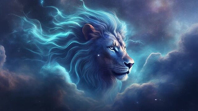 A majestic lion with an ethereal blue-glowing mane emerges from dark, celestial clouds, symbolizing strength, wisdom, and mystical power in a cosmic dreamscape