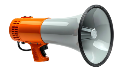 A vibrant orange and gray megaphone, isolated on a solid black background