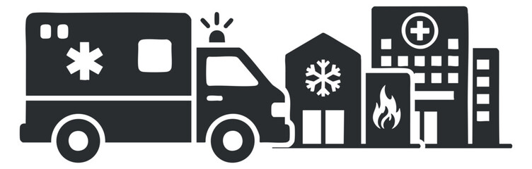 Obraz premium An ambulance vehicle with emergency icons and healthcare buildings in black and white flat vector style, suitable for health services and emergency response designs