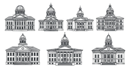 A collection of eight historic government buildings in detailed black and white outline vector style, suitable for architectural design projects