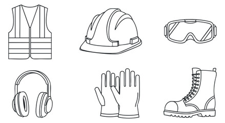 A collection of safety gear including a vest, helmet, goggles, gloves, and boots in minimalist outline vector style, ideal for construction and industrial design