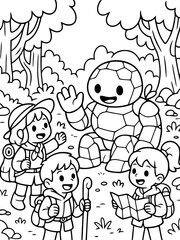 Fototapeta premium Encounter in the Enchanted Woods: A group of young explorers on a trek, joyfully meet a friendly rock character deep in a fantastical, hand-drawn wilderness setting. 