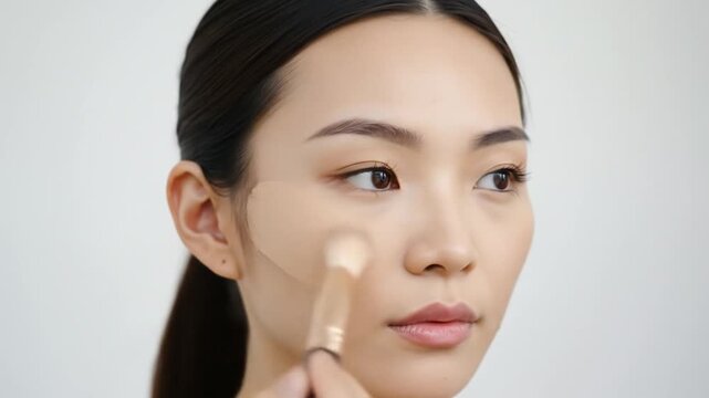 A young woman applying makeup with a brush on her cheek, with a natural look and soft lighting on a plain background. Perfect for beauty tutorials, skincare advertisements, and cosmetic