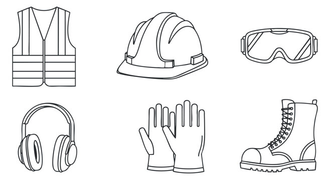 A collection of safety gear including a vest, helmet, goggles, gloves, and boots in minimalist outline vector style, ideal for construction and industrial design