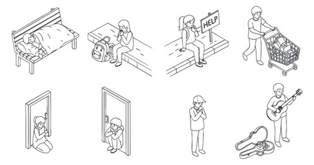 A collection of illustrations depicting various mental health scenarios in outline vector style, suitable for wellness campaigns and educational materials
