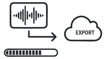 An illustration of an audio waveform with export icon and progress bar in minimalist black and white vector style, ideal for tech applications and digital media.