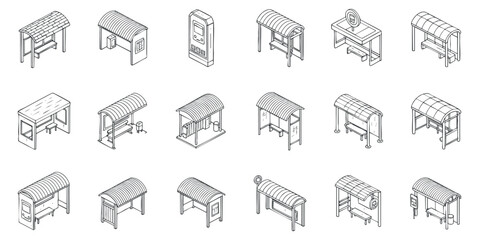 A collection of various bus stop shelters in clean outline vector style, suitable for urban design projects and transportation graphics